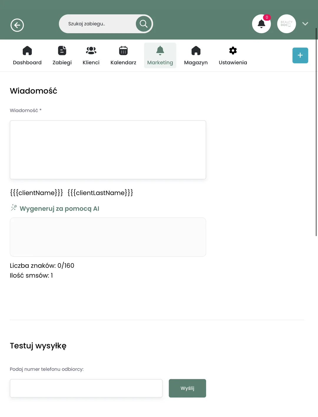 Aplikacja BeautyDoc na tablecie: zakładka Marketing, pole treści wiadomości i&nbsp;przycisk „Wygeneruj za pomocą AI”